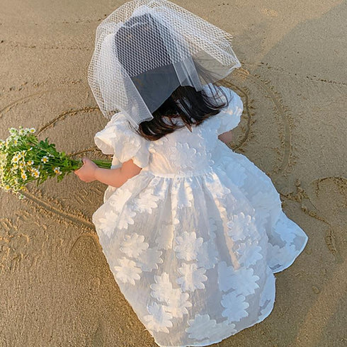 Girl's Summer Printed Bubble Sleeve Sweet Princess Dress
